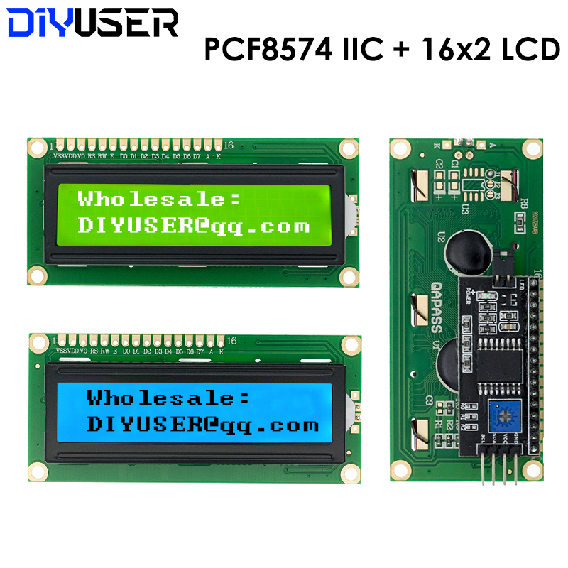 I2C Lcd Display - LCD1602 1602 LCDモジュール ブルー/イエローグリーン画面 16x2文字LCDディスプレイ PCF8574T